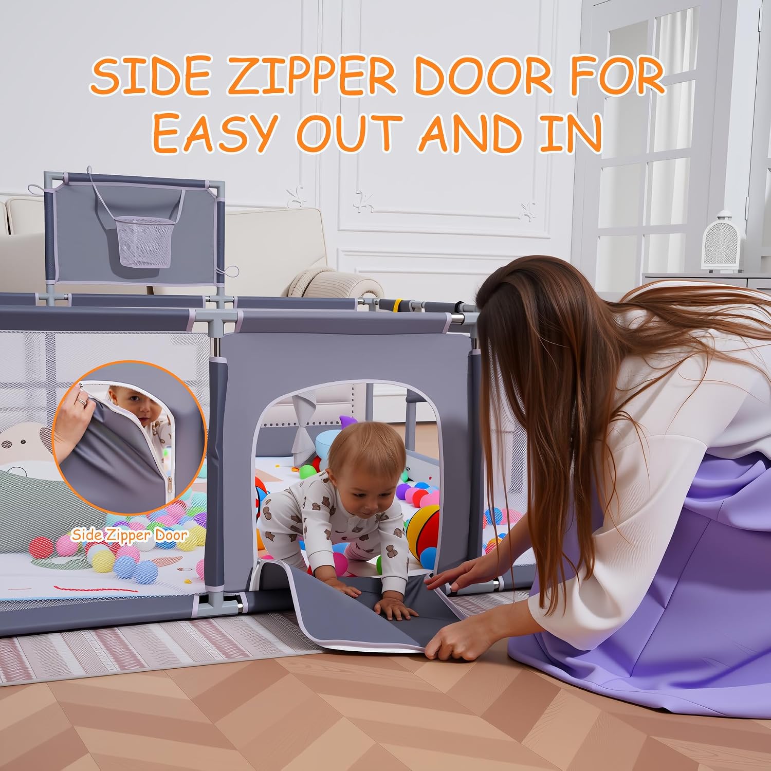 Detalle 2 de Clocly 79" x 71" Baby Playpen with Mat, Mesh Sides and Play Accessories
