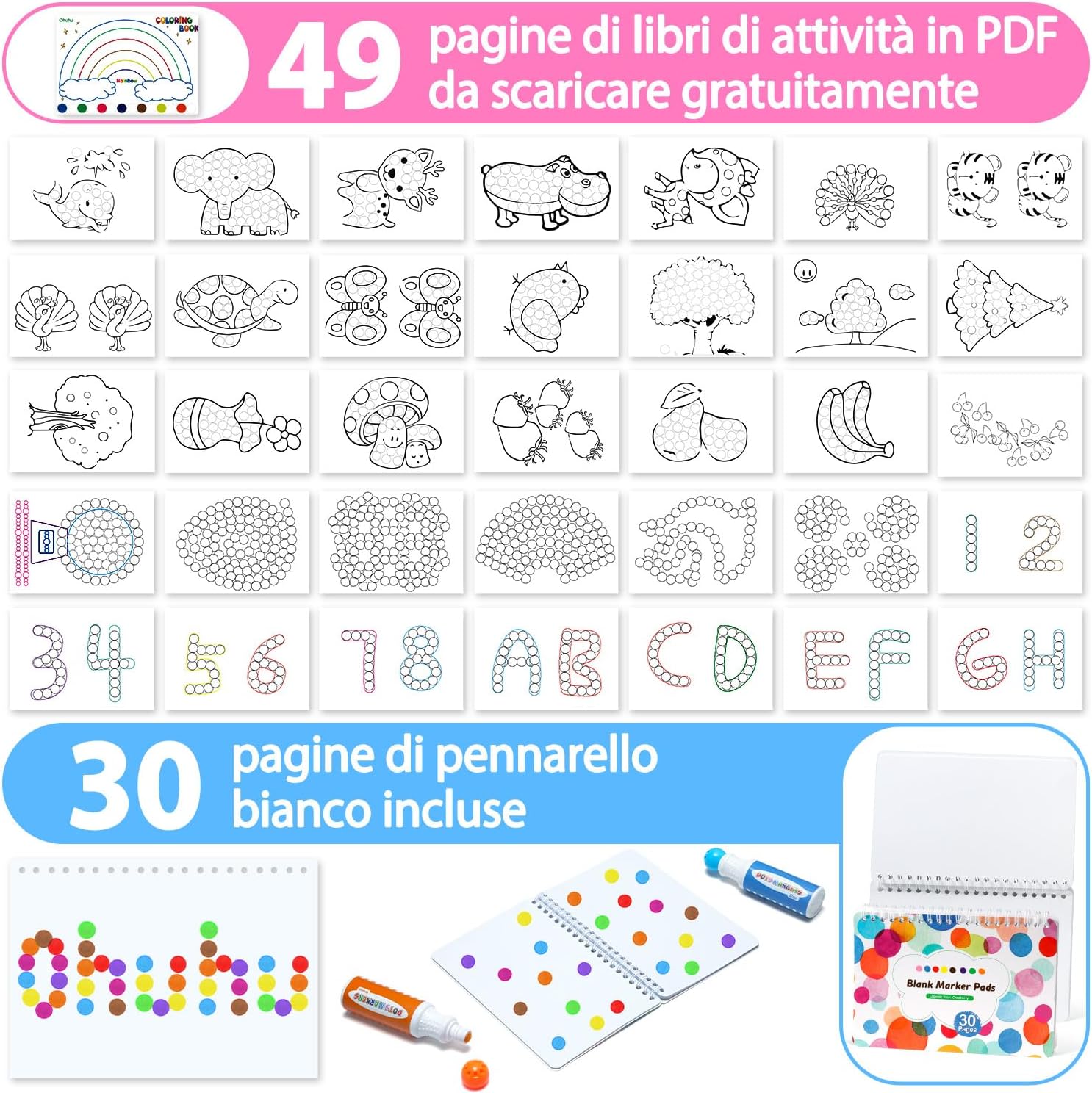 Thumbnail 6 de Ohuhu pennarelli per bambini Bingo Marker con punta arrotondata, 8 colori super lavabili e libro attività (30 pagine) vuoto