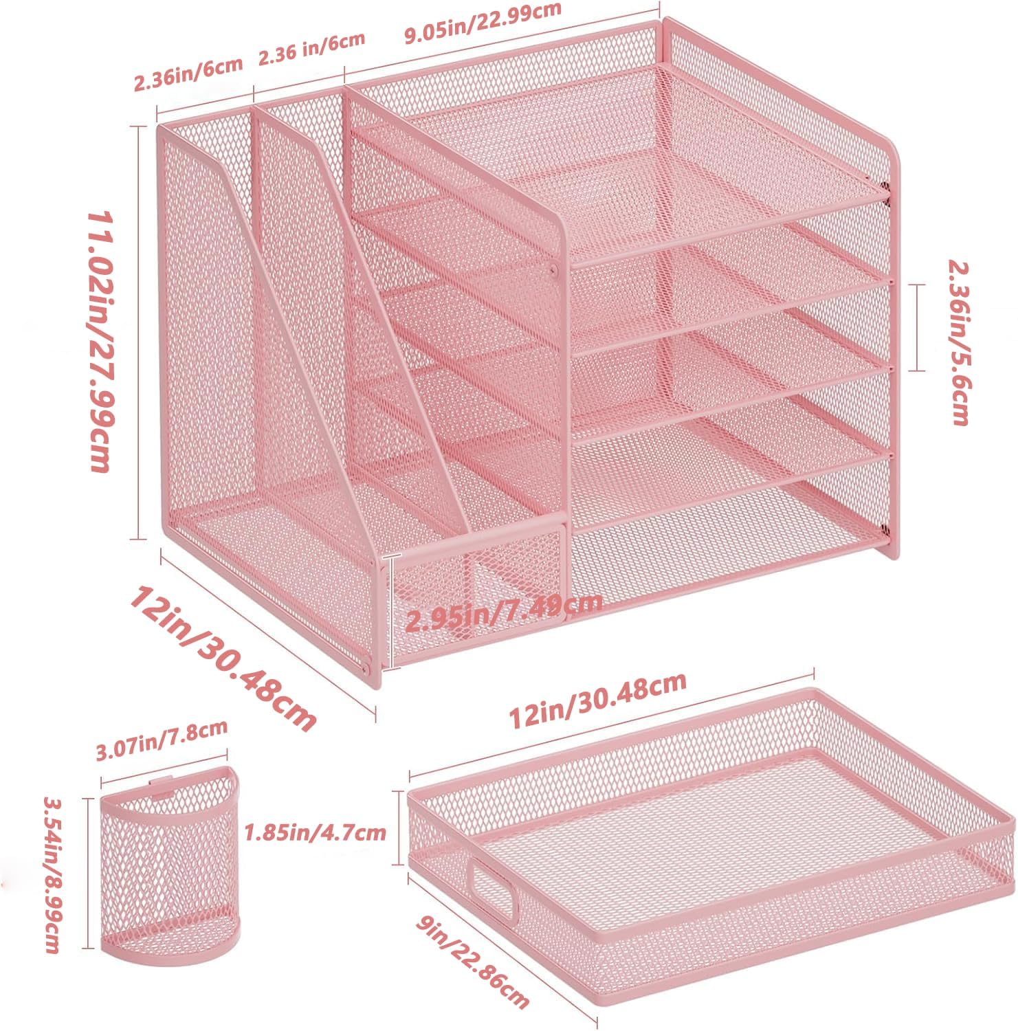 Detalle de Marbrasse Desk Organiser File Holder (5-tier tray, drawer, 2 pen holders) – Pink
