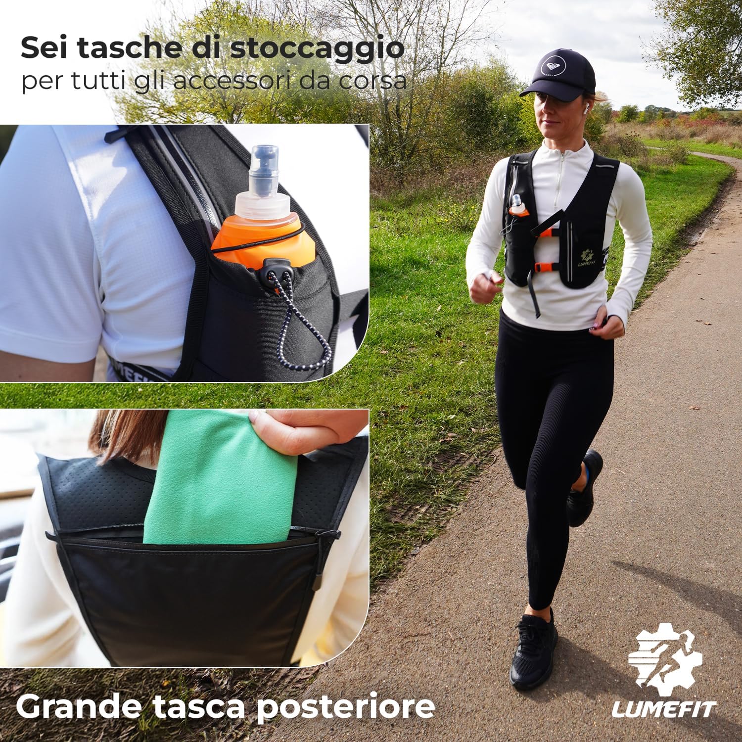 Thumbnail 6 de Lumefit Gilet Running Riflettente con Bottiglia 500 ml — Versatilità e sicurezza per corsa, ciclismo e trekking