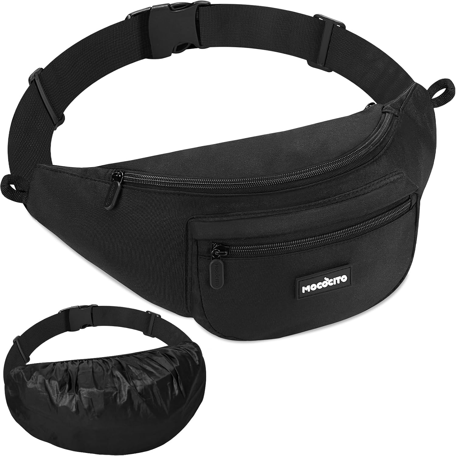 Detalle de MOCOCITO Grande Banane Homme & Femme — Sac banane imperméable avec housse de pluie intégrée, 52–152 cm, porte-bouteille 1L, idéal vélo et trekking