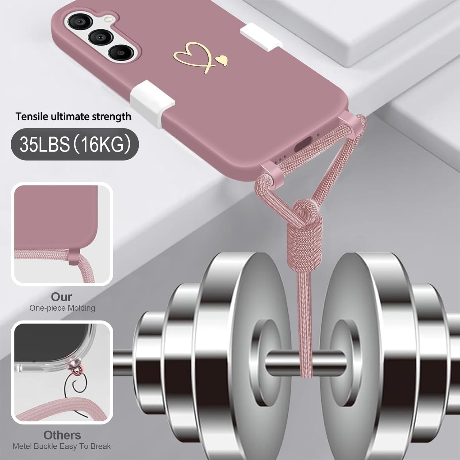 Detalle 2 de AoozeFon Handyhülle für Samsung Galaxy S25/S24 mit Band, Kordel und Schutz aus weichem TPU – Rosa