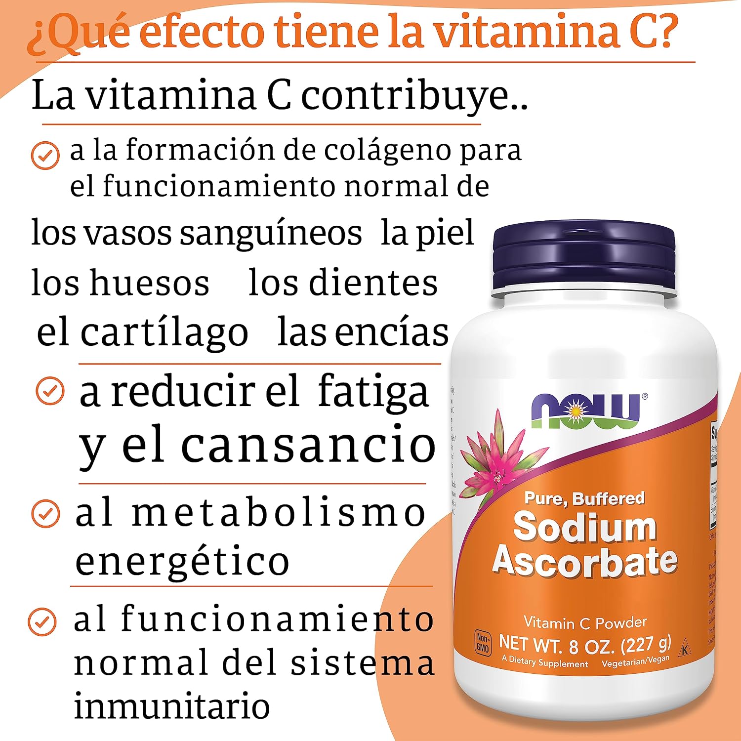 Detalle 2 de Now Foods Sodium Ascorbate Vitamina C 🍊 227g Vegano Sin Gluten