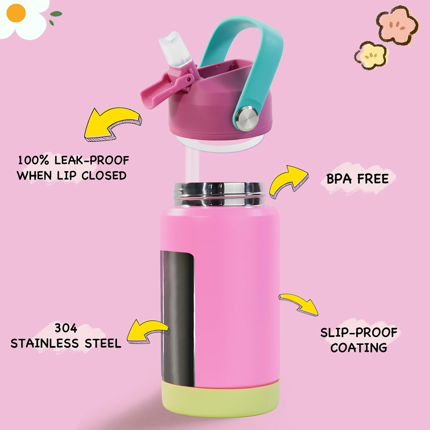 Thumbnail 2 de Fijinhom Kids Water Bottle 360ml (12oz) Insulated Stainless Steel with Straw, Leakproof, BPA Free – Rose Red