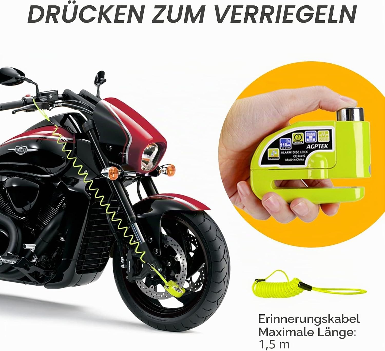 Detalle de AGPTEK Bremsscheibenschloss mit Alarm – 110 dB Diebstahlschutz für Motorrad, Fahrrad und Roller