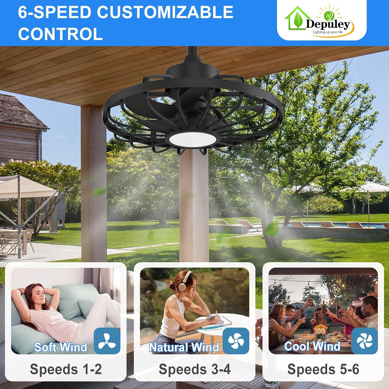 Detalle de Depuley 42-Inch Outdoor Ceiling Fan with Lights, Walnut Waterproof Gazebo Fans (Remote & App Control)