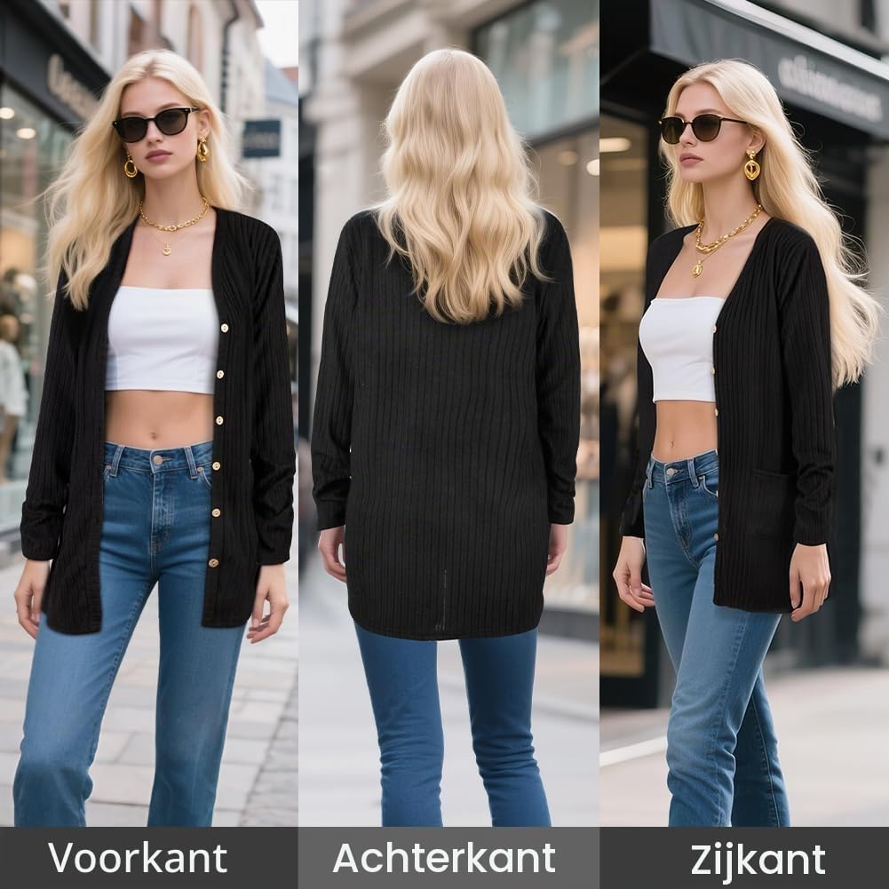 Thumbnail 2 de BSBUY lang gebreid damesvest met knopen, V-hals en praktische zakken