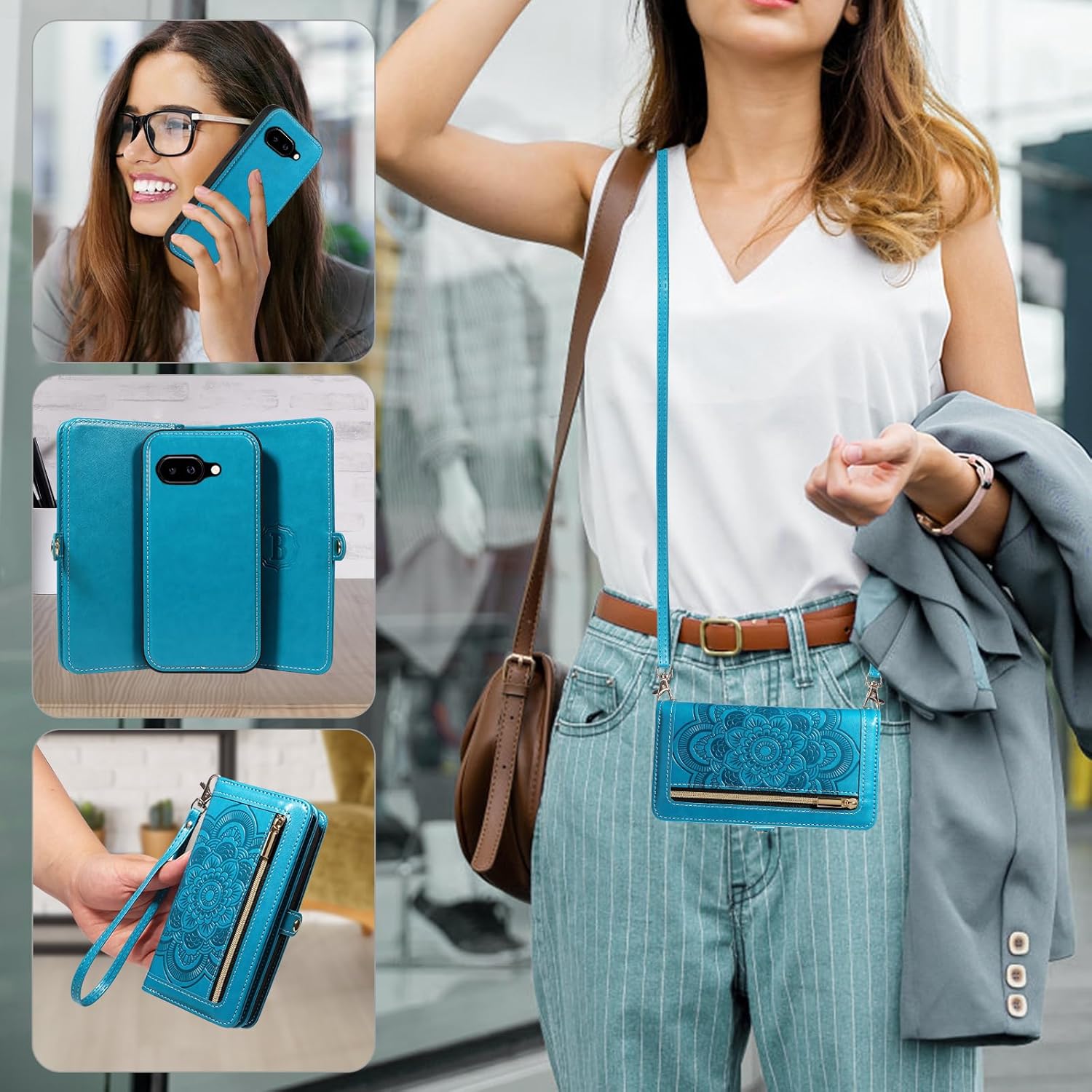 Thumbnail 5 de Asuwish Wallet Case for Google Pixel 9A with Zipper, Detachable Straps and Tempered Glass Protector