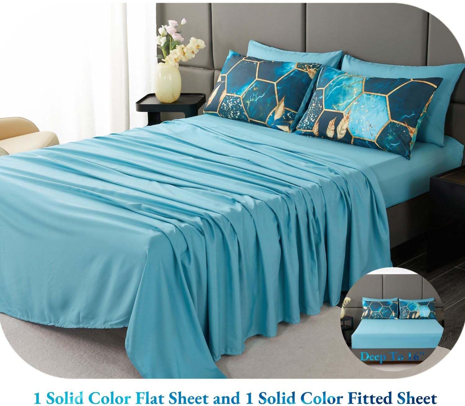 Thumbnail 6 de ANGIYUIN Teal Gold Bedding Set King 7pc