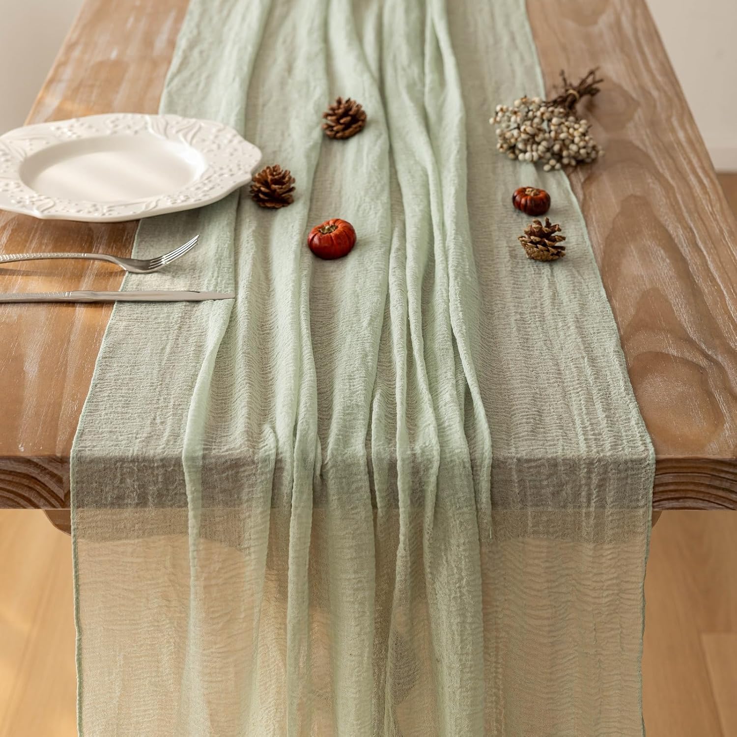 Thumbnail 3 de Keketoarrange Sage Green Cheesecloth Table Runner 120 in 🎀