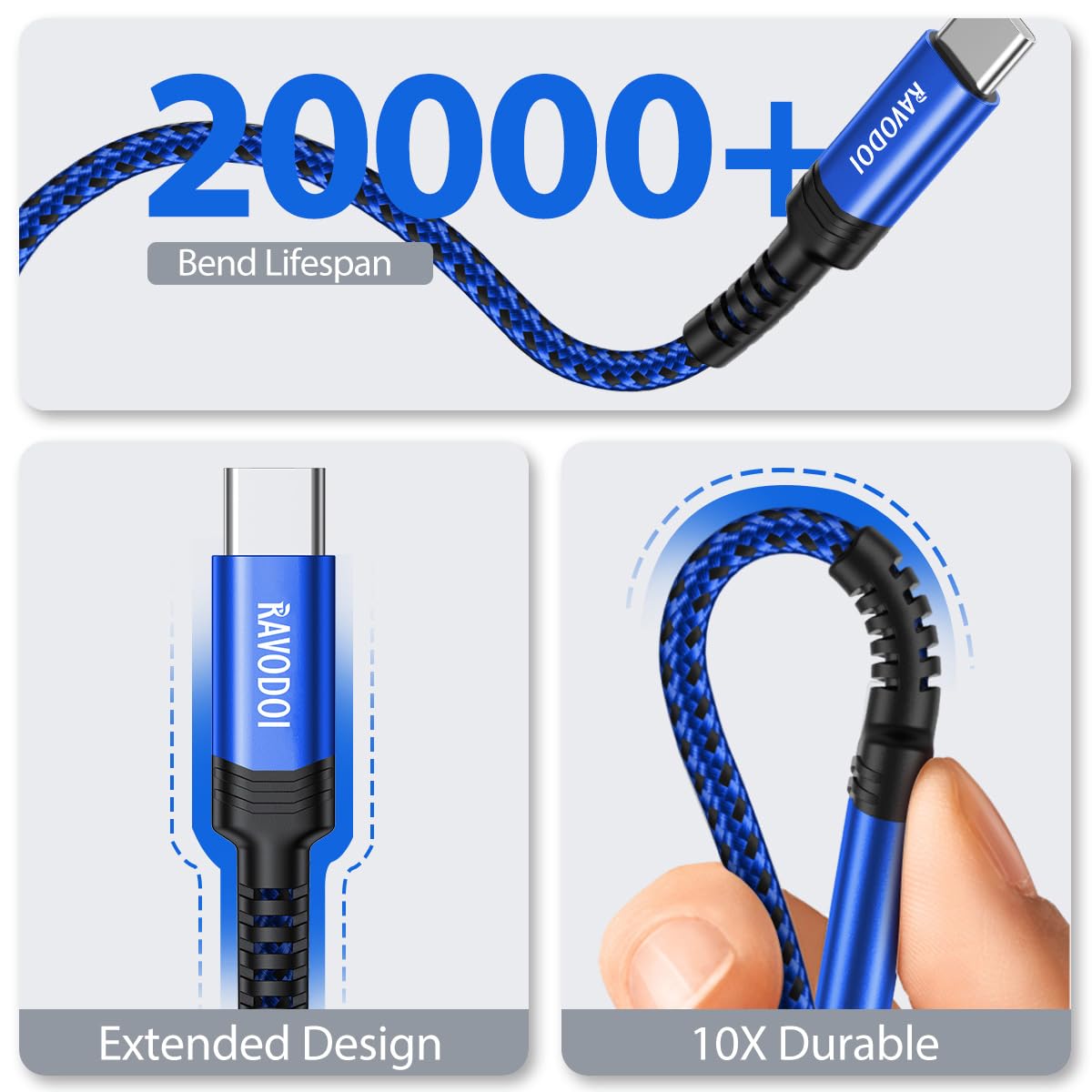Detalle de RAVODOI USB C charger cable 3A 3 pack