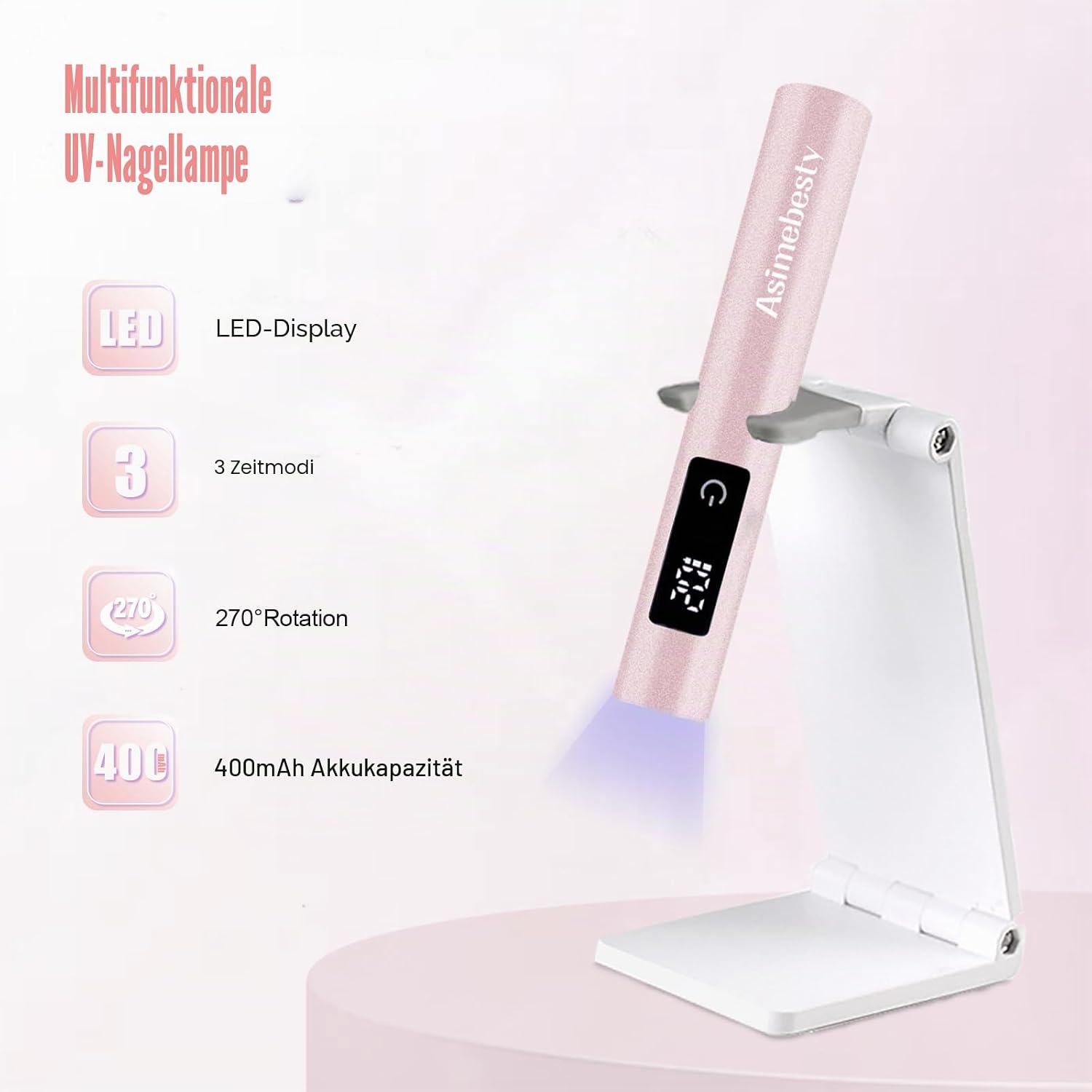 Detalle 2 de Asimebesty UV Lampe für Gelnägel – Wiederaufladbare Mini Lampe mit Ständer, 20/60/90 s, Rosa