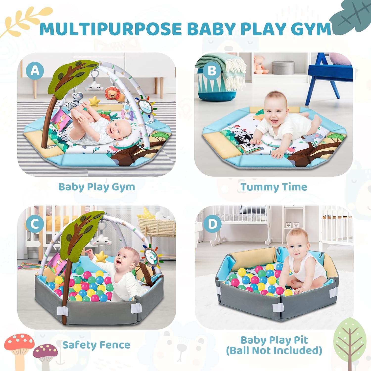 Detalle de Jyusmile 8-in-1 Baby Gym Play Mat with 6 Toys, Washable, Forest Theme