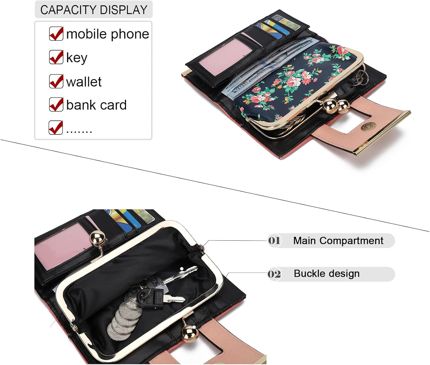 Thumbnail 3 de Gladdon Portefeuille femme élégant à motif rosier bleu foncé – 10 emplacements cartes et poche à pièces