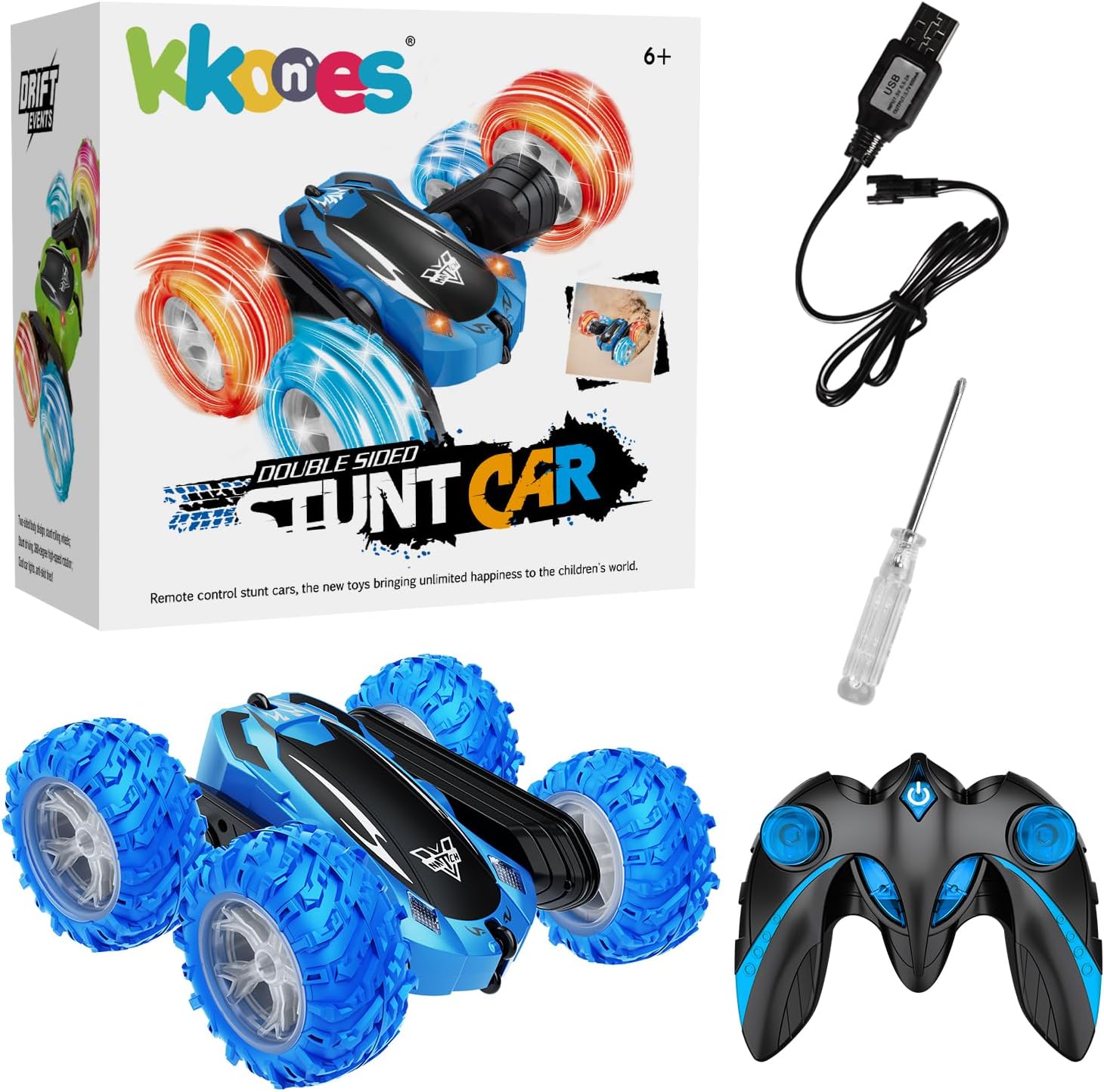 Detalle de KKONES Remote Control Car: 2.4GHz Double-Sided 360° Flips Off-Road RC Stunt Car (Blue)