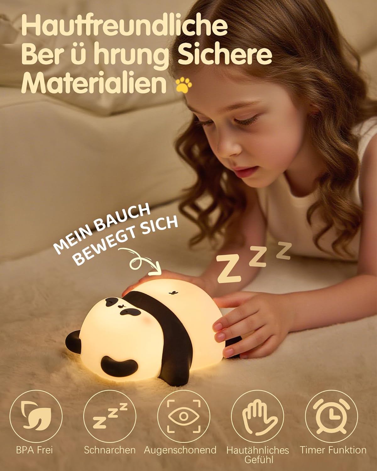 Detalle de Panda Nachtlicht Baby mit Schnarchfunktion & Timer – Wiederaufladbar, BPA-frei und dimmbar