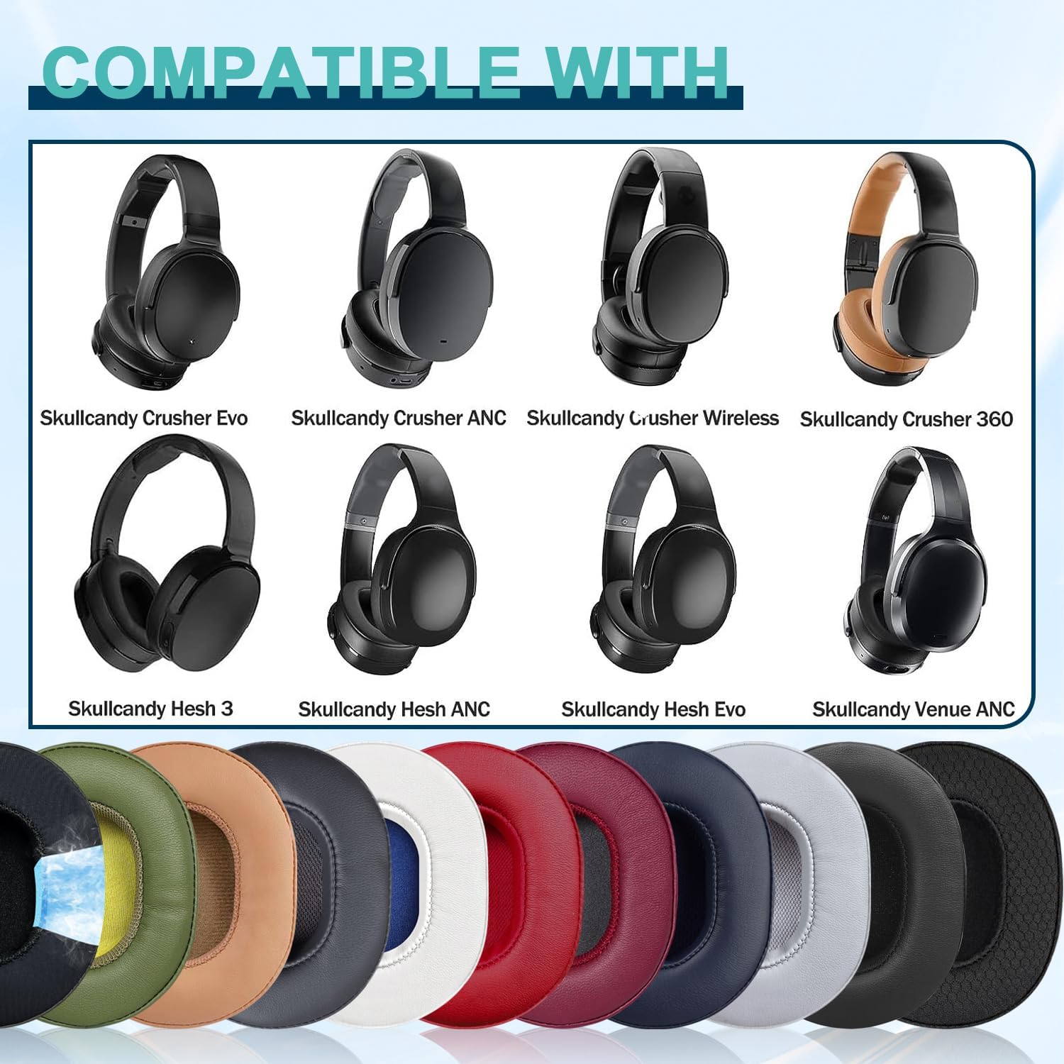 Detalle de Replacement Ear Pads for Skullcandy Crusher Wireless / Evo / ANC, Hesh 3/Evo/ANC (Memory Foam & Protein Leather) — Black