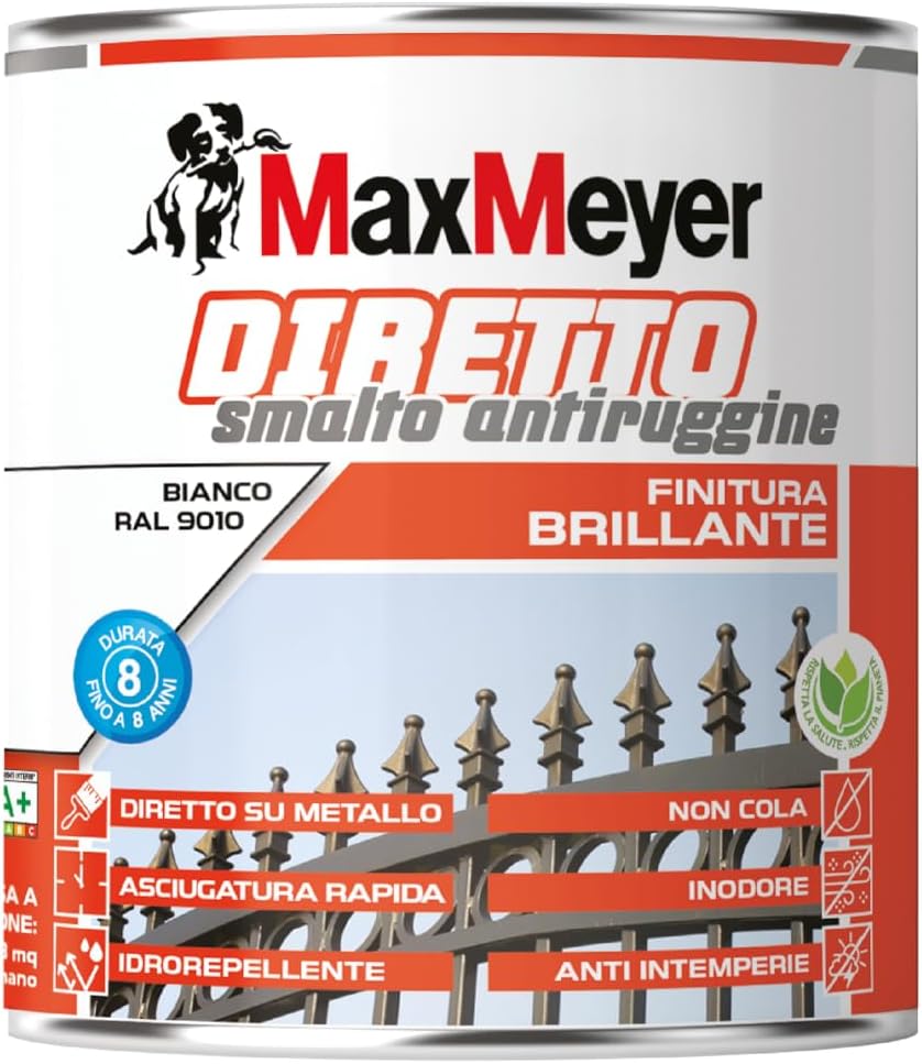 MAXMEYER Diretto Antiruggine Brillante R9010 Bianco 0.75 L: vernice diretta per ferro arrugginito, indoors e outdoors