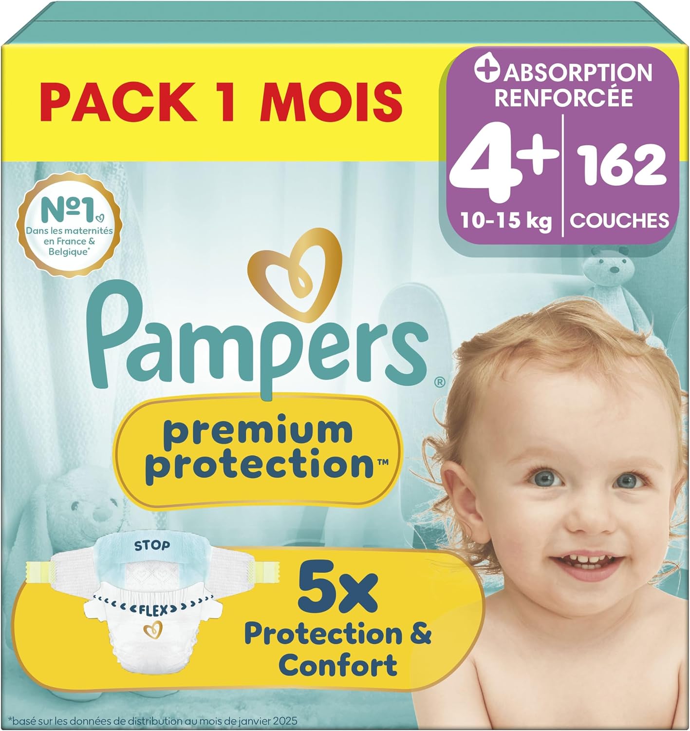 Detalle de Pampers Premium Protection Taille 4+, 162 couches (10kg-15kg) – protection anti-fuites