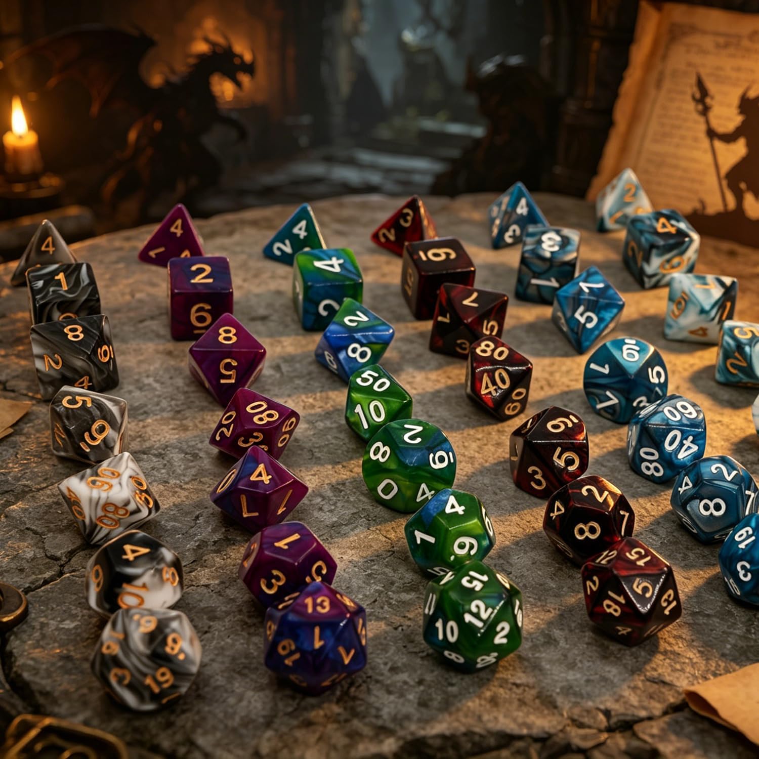 Detalle 2 de Polyhedral DND Würfel Set – 6er Pack Doppelfarben Würfelset (42 Stück) von CREEBUY