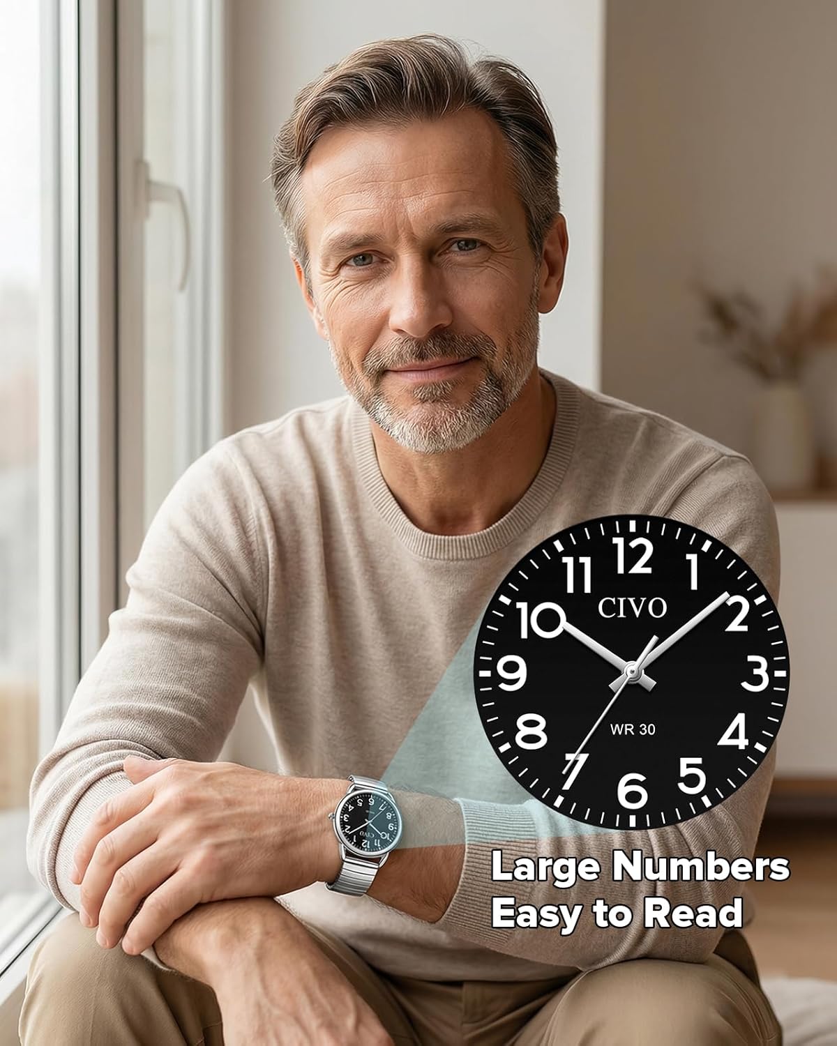 Detalle de CIVO Gut Ablesbar Herren Uhr – Große Ziffern, wasserdicht, schlichtes Analog-Quarzmodell