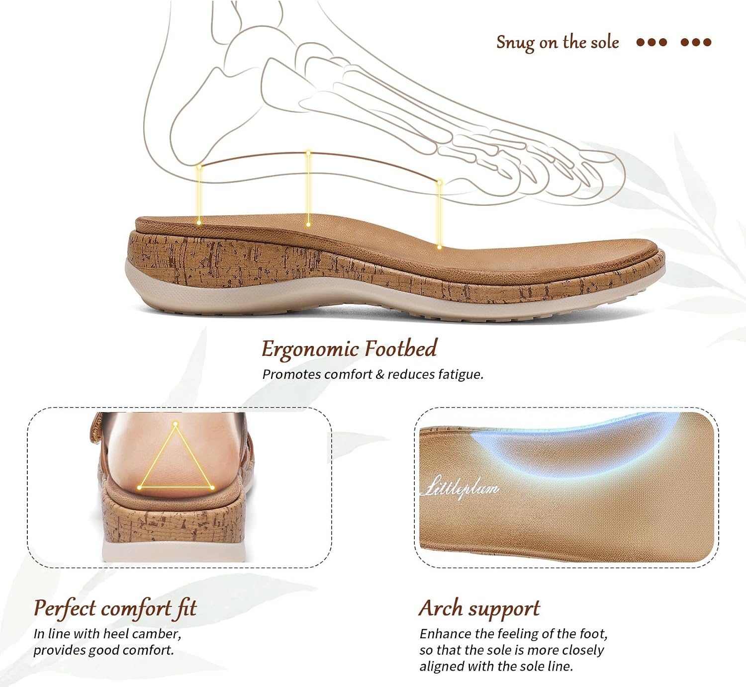 Detalle de Littleplum Damen Pantoletten: Modische Sandalen mit Kork-Fußbett, Arch Support und rutschfester Sohle