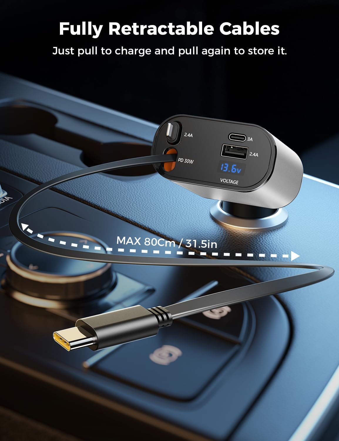 Detalle de SUPERONE Retractable Car Charger with 2.6ft Cord