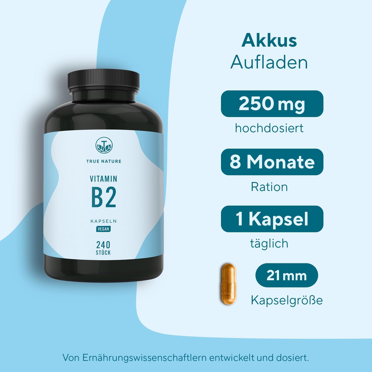 Detalle 2 de Vitamin B2 Riboflavin Hochdosiert 250 mg – 240 Kapseln (Big Pack) | Vegan & Made in Germany