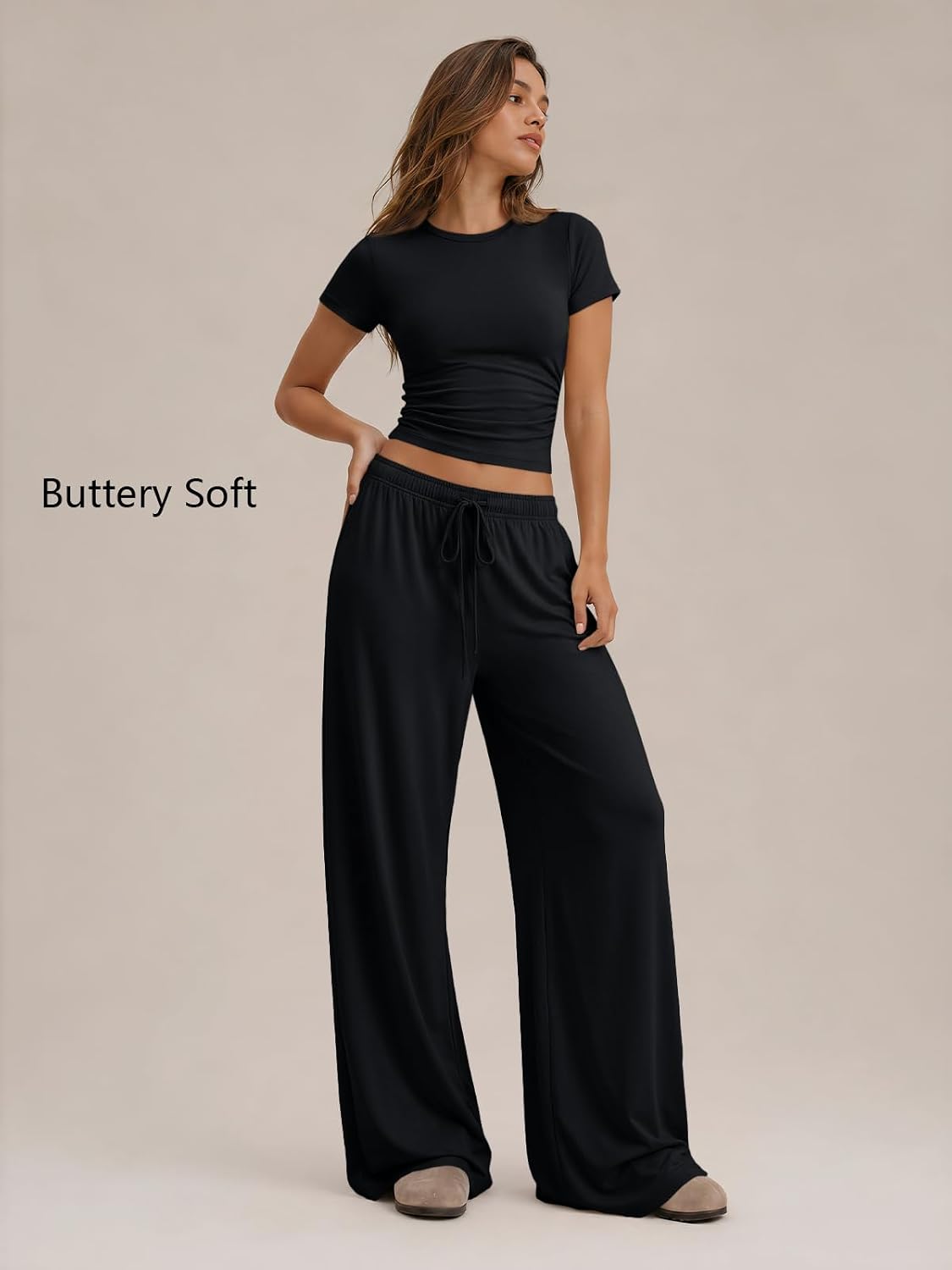 Detalle 2 de Trendy Queen 2 Piece Matching Summer Lounge Set: Side Ruching Top + Wide-Leg Pants