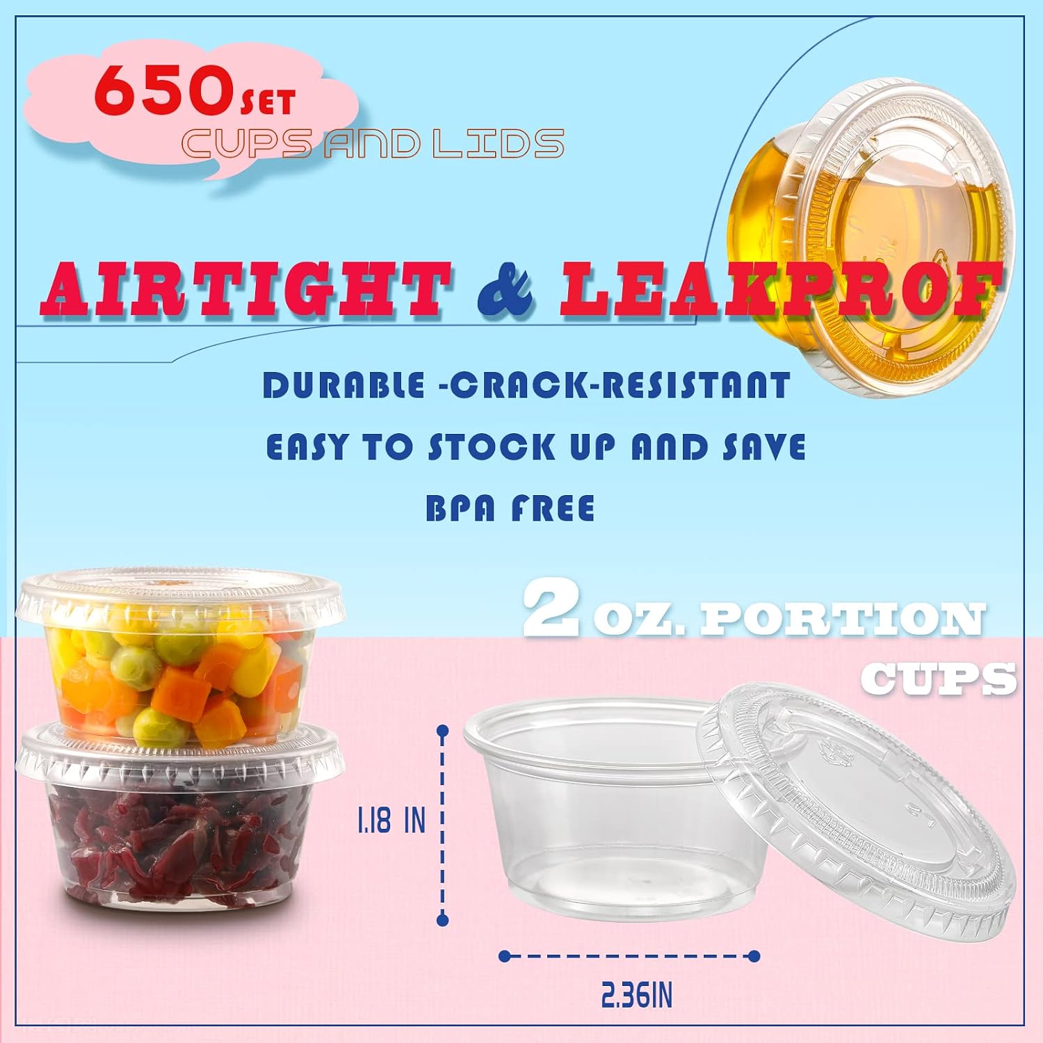 Thumbnail 1 de VITEVER 2 oz Portion Cups with Lids, 650 Sets, BPA-Free Plastic