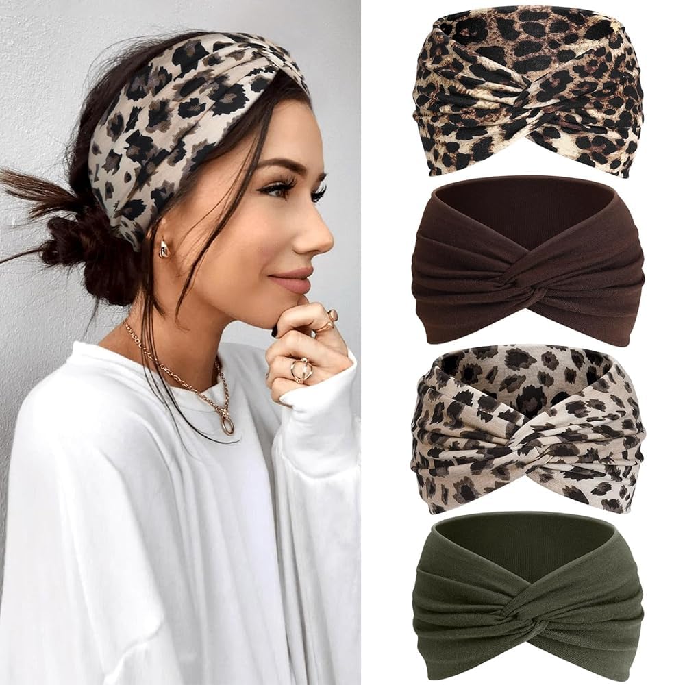 Kavya Haarband Damen Stirnband 4er Pack – Extrabreites, elastisches Boho-Stirnband für Yoga, Sport und Alltag