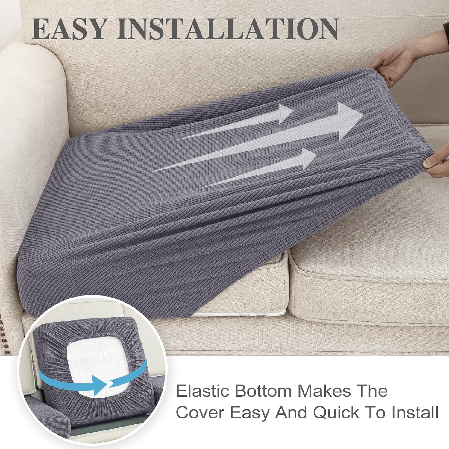 Detalle de LA MEACK Stretch Couch Cushion Covers (3-Piece) for Seat or Sofa Backrest, Light Grey