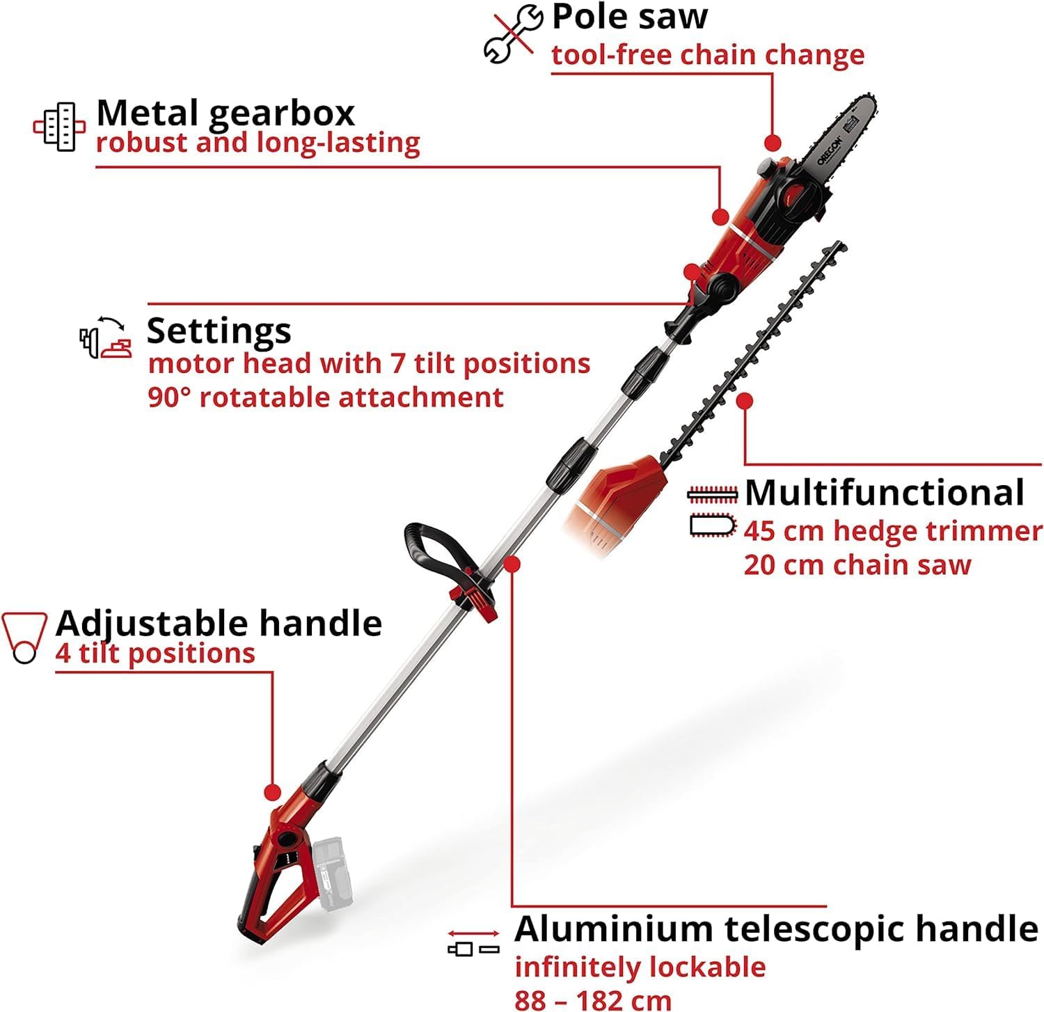 Thumbnail 2 de Einhell 18V Power X-Change Cordless 2-in-1 Long Reach Pole Hedge Trimmer and Mini Chainsaw (GE-HC 18 Li T Solo)
