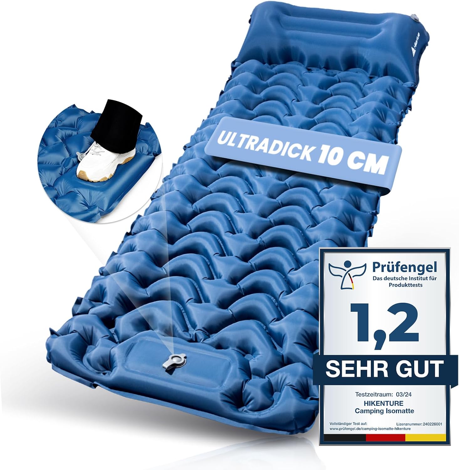 Thumbnail 6 de HIKENTURE Isomatte Camping – 10 cm Höhe, kompakt aufgeblasen mit Fußpumpe, 198 × 70 cm
