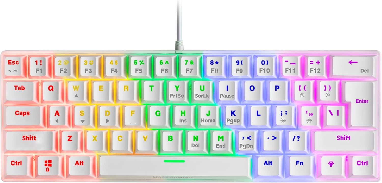 Detalle de Mars Gaming MK60WBRUS mekaniskt speltangentbord, 60 %, vitt, brun switch