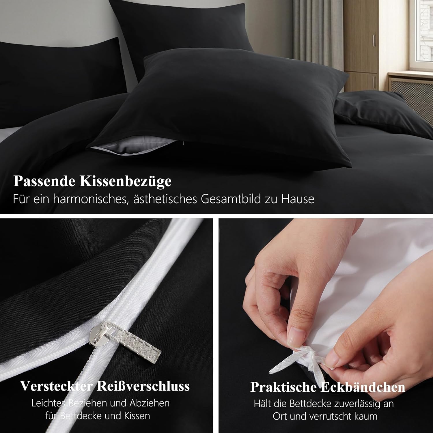 Thumbnail 6 de RUIKASI Bettwäsche 220x240 (3-teilig) Schwarz aus Polyester-Mikrofaser mit Reißverschluss, Oeko-TEX