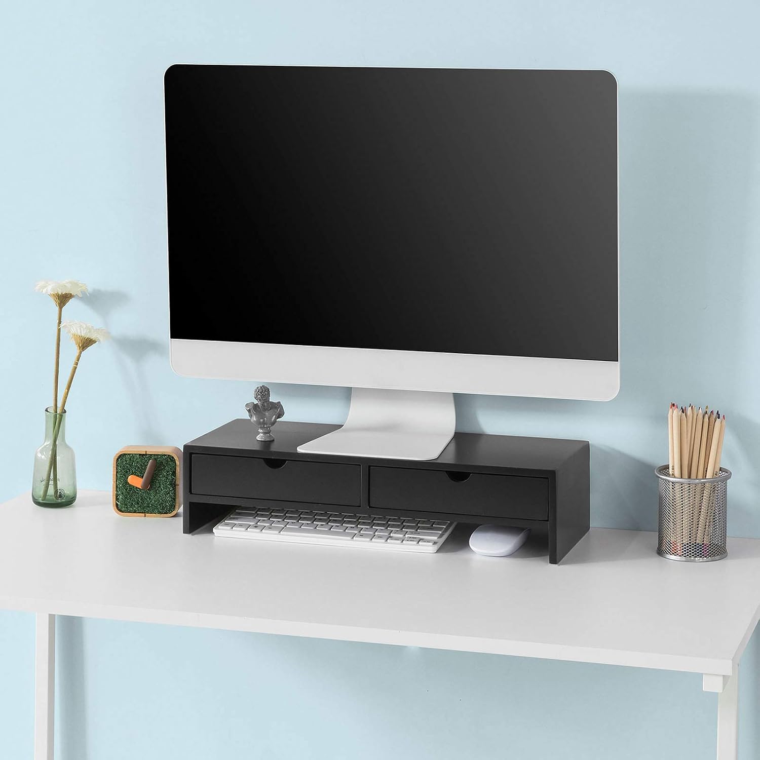 Thumbnail 1 de SoBuy BBF02-SCH Monitor Stand with Drawers for Dual Screens, Black MDF