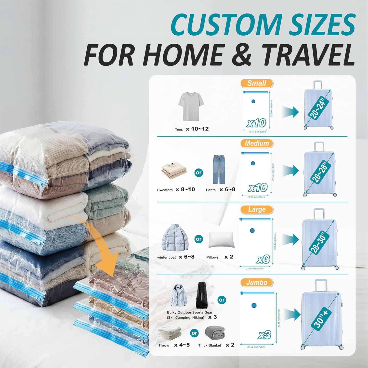 Detalle 2 de Cozy Essential Travel Vacuum Storage Bags, 26-Piece Set with Cordless USB Pump