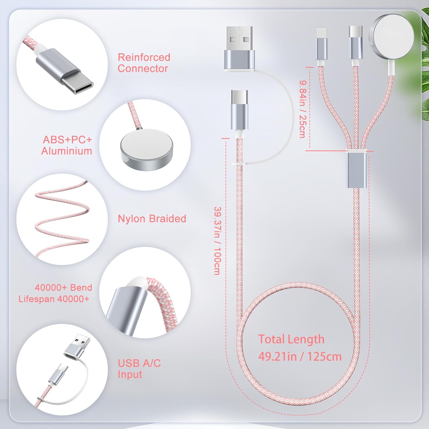 Thumbnail 2 de imodomio 3-in-1 iPhone and Apple Watch Charger (Pink) – USB‑C/USB‑A, 1.25m Nylon Braided