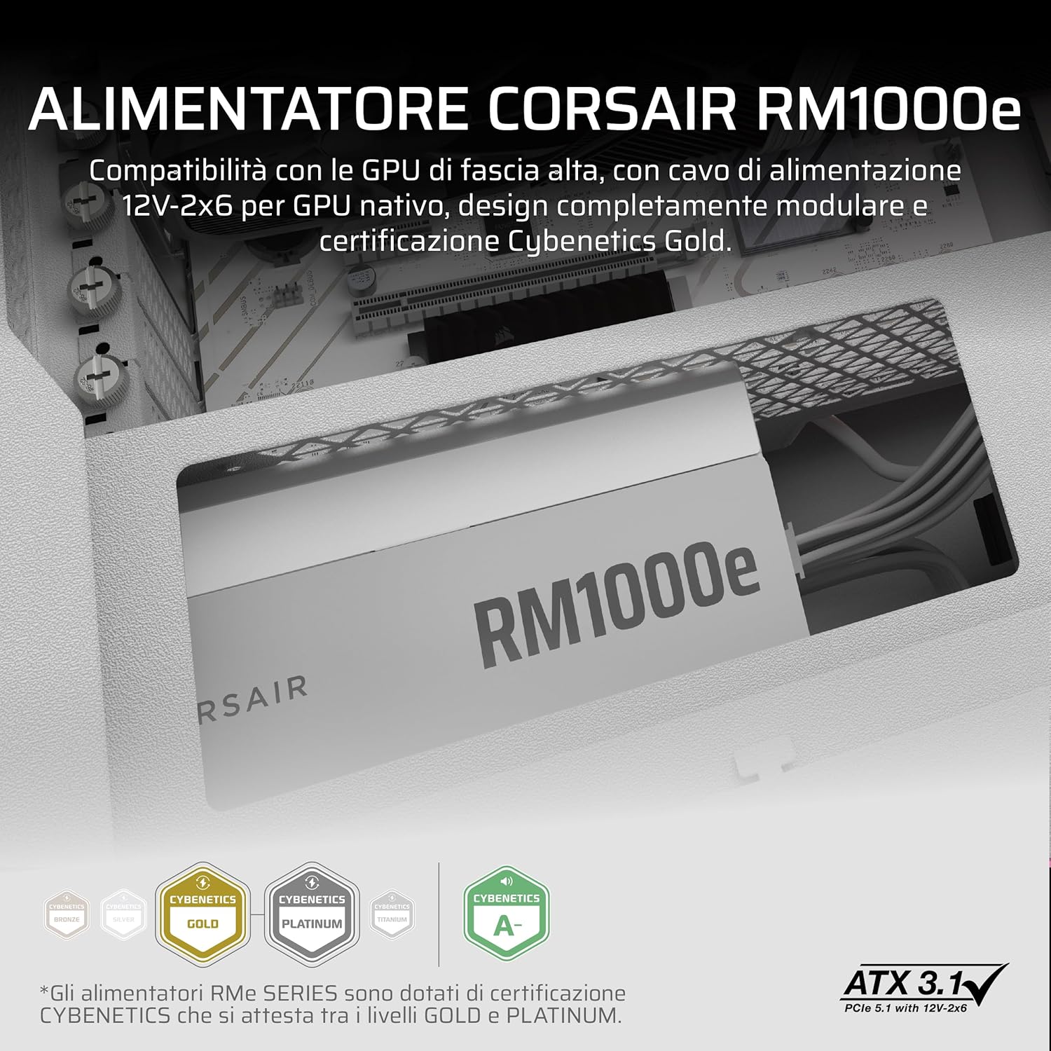 Thumbnail 1 de CORSAIR RM1000e (2025) alimentatore ATX 1000W completamente modulare, bianco, compatibile ATX 3.1 e PCIe 5.1