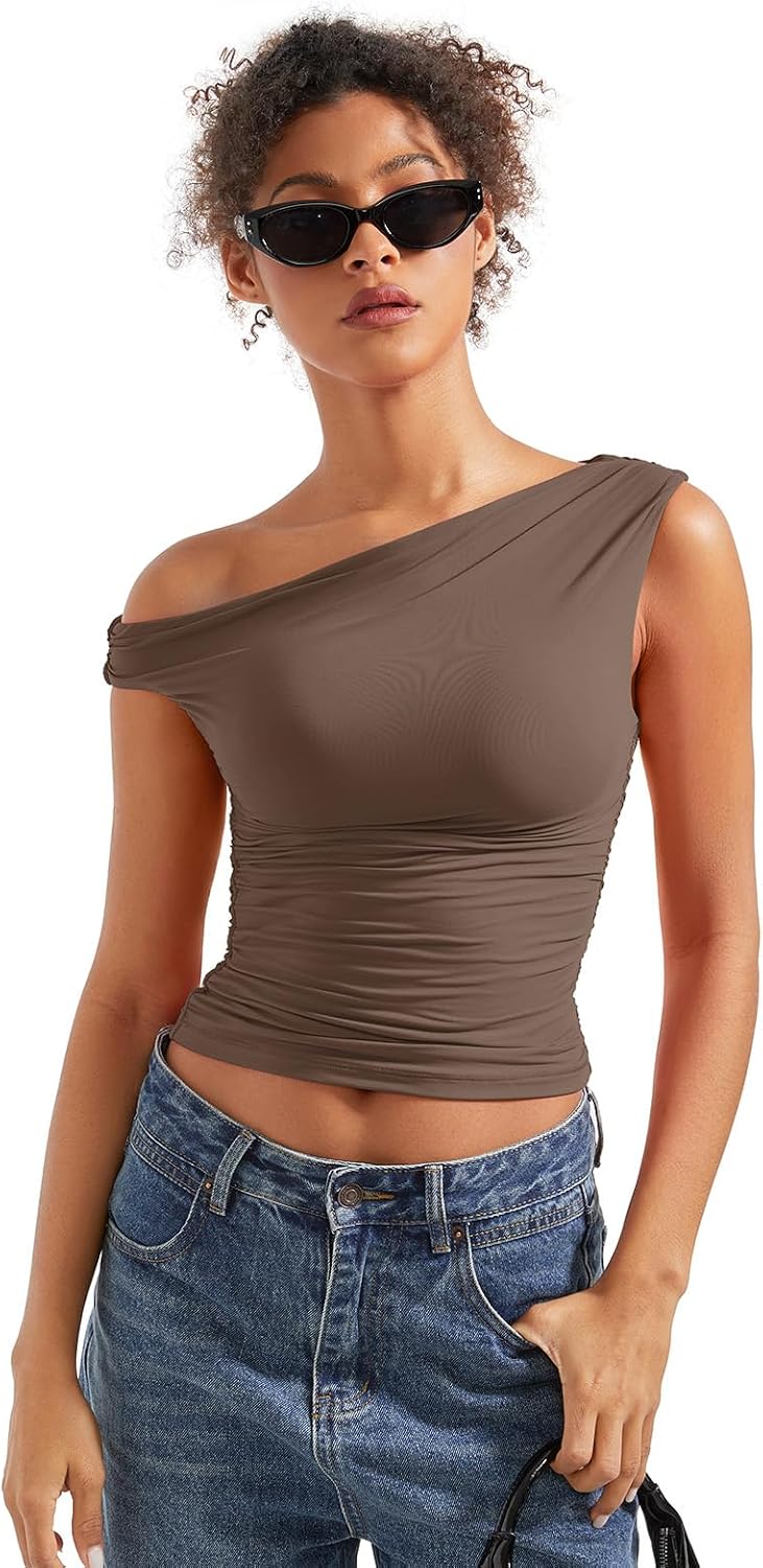 Detalle de SUUKSESS Women's Off-Shoulder Crop Top, Double-Lined 4-Way Stretch