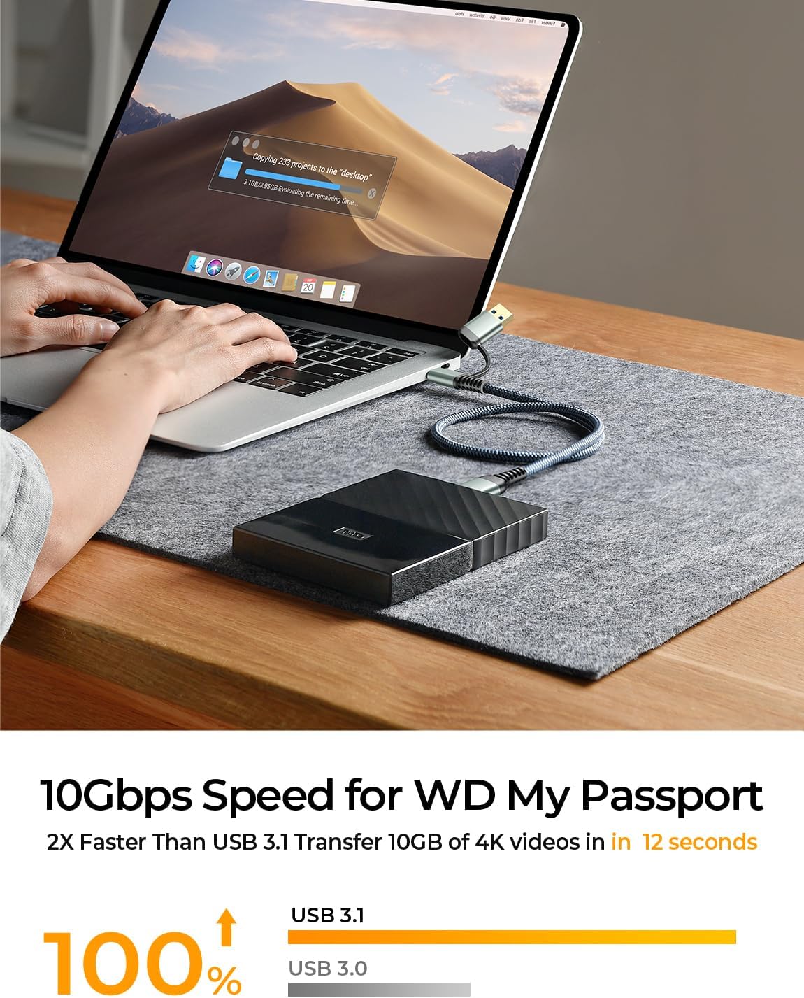 Thumbnail 1 de AINOPE 10Gbps Micro B to USB C Cable (1.5ft) – Nylon Braided External Hard Drive Cable