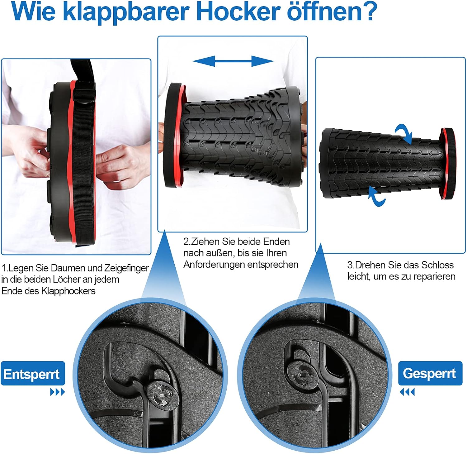 Detalle de Fiqops Tragbarer Klapphocker – Höhenverstellbar, 180 kg Traglast, Leicht & Tragbar