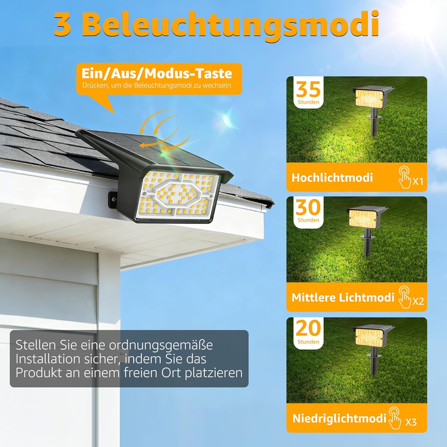Thumbnail 3 de Ollny 4er-Set 60-LED Solarstrahler für außen (3000K, IP65, 3 Modi) – Dusk to Dawn