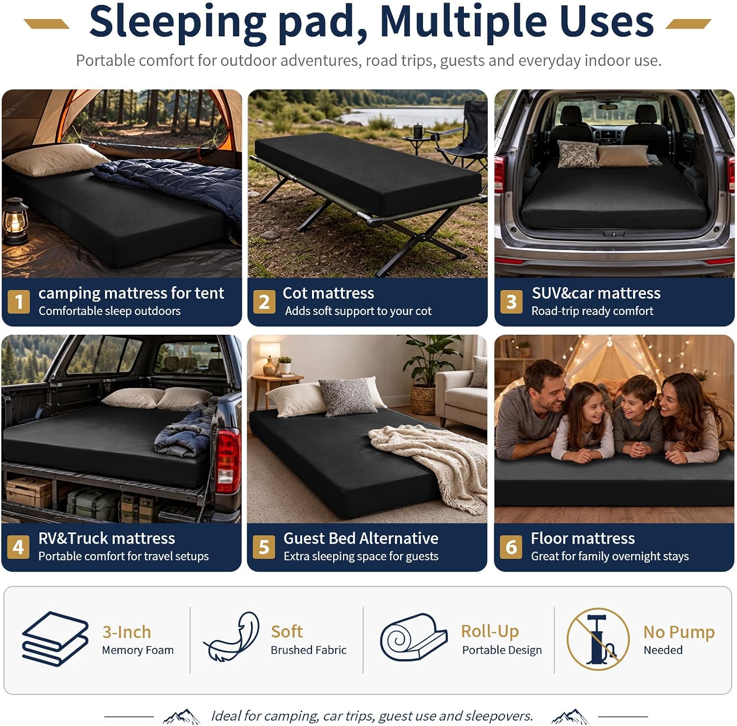 Detalle de CYMULA Memory Foam Camping Mattress Pad, 3-Inch Non-Slip Sleeping Pad