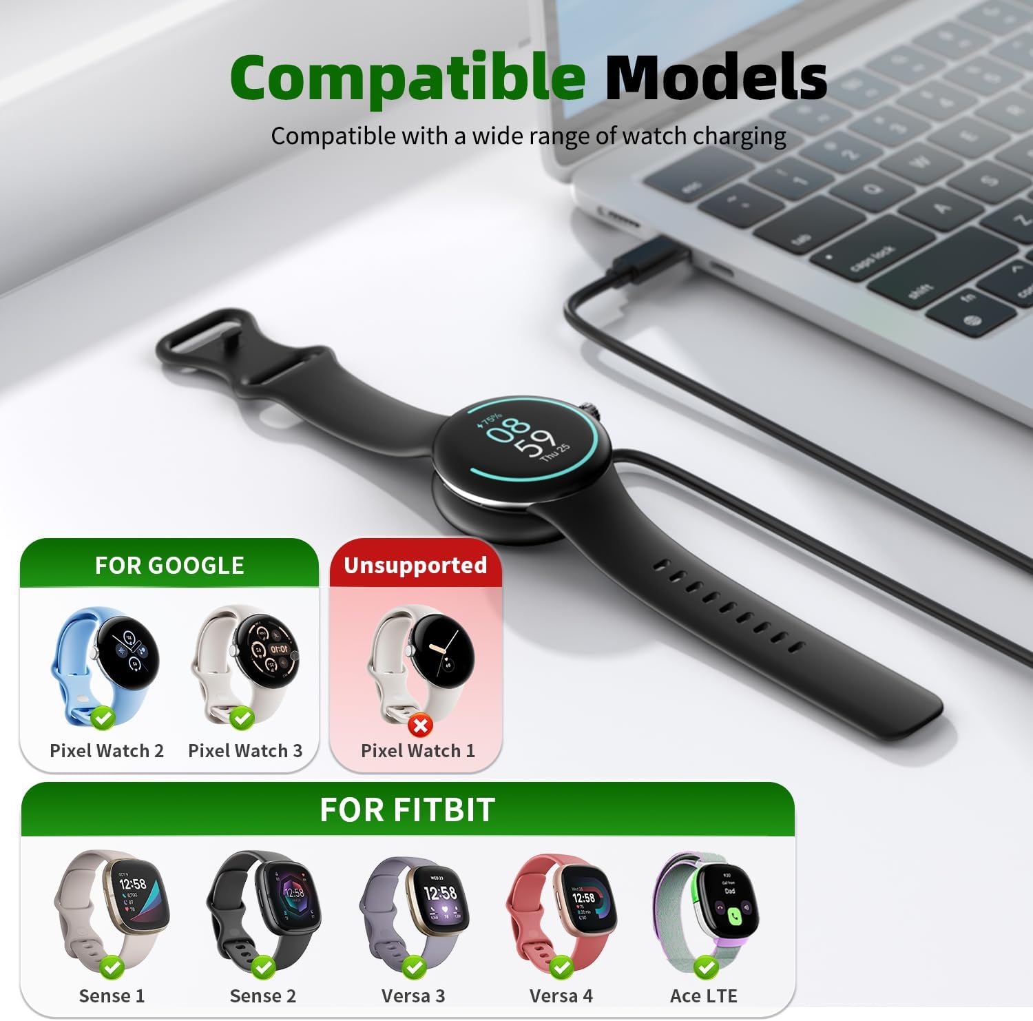 Detalle de USB-C Magnetic Charging Cable for Google Pixel Watch 2/3 & Fitbit Versa 3/4 (3.3ft/1m) – 2 Pack