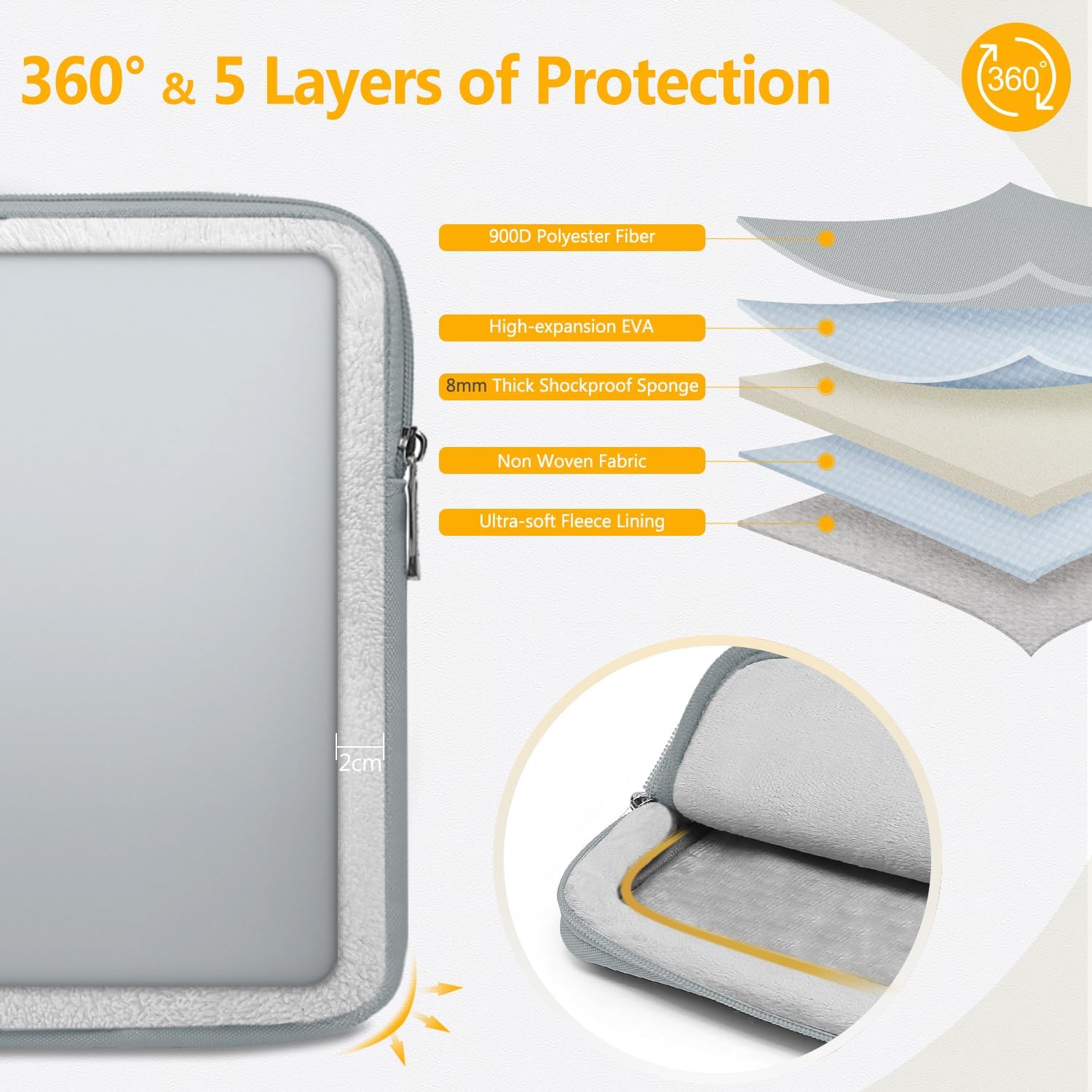 Detalle 2 de HYZUO 15–16 Zoll Laptophülle-Set mit Schutzhülle und Zubehörtasche, Stein Grau