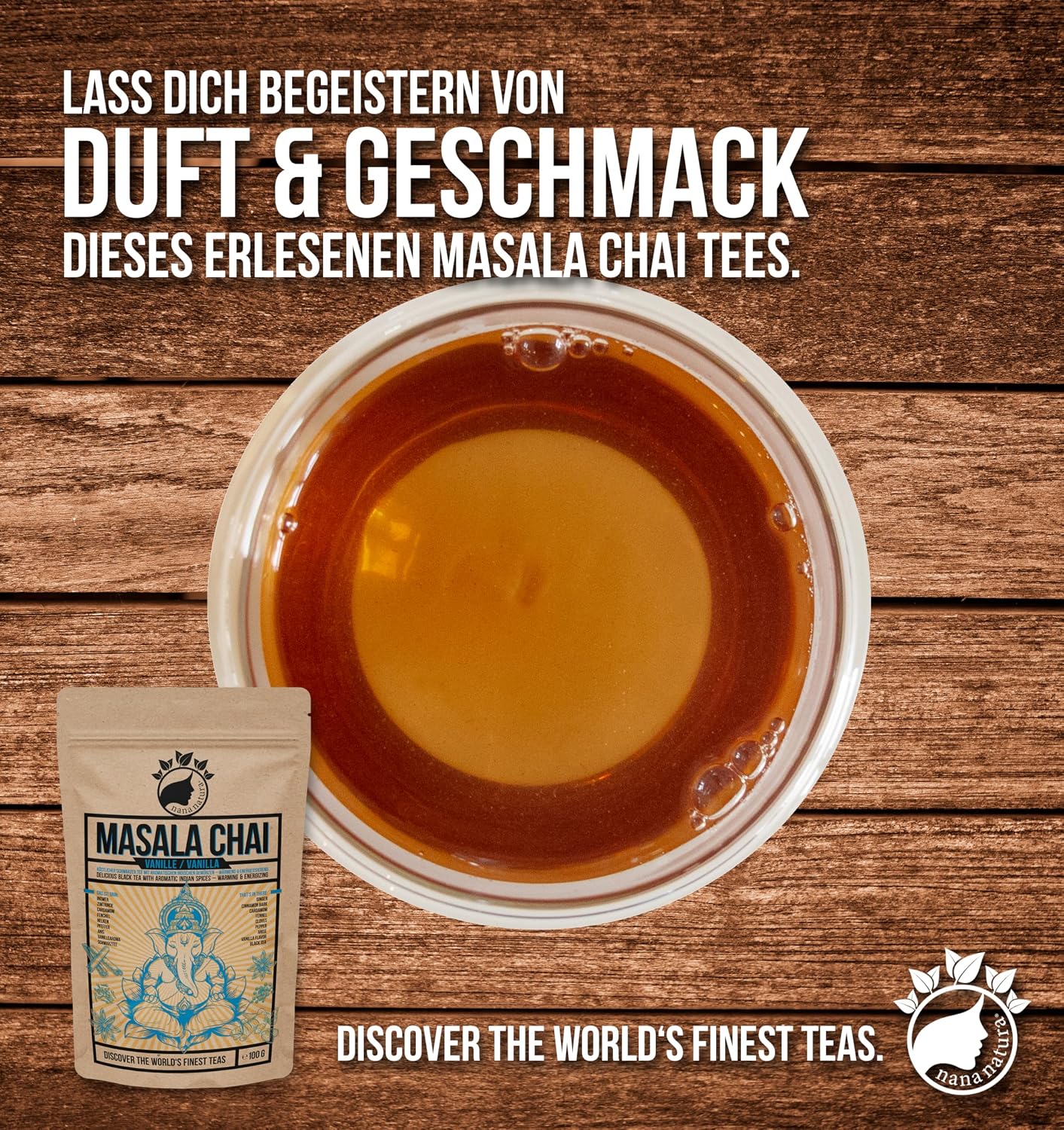 Detalle 2 de NanaNatura's Masala Chai Vanille Tee 100 g – Schwarztee mit indischen Gewürzen & Vanillearoma