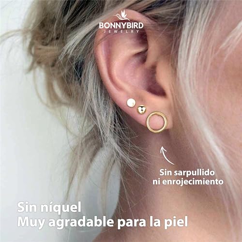 Thumbnail 2 de BONNYBIRD BonnyClassic: set de pendientes dorados pequeños para mujer (3 pares) de acero inoxidable 316L hipoalergénicos
