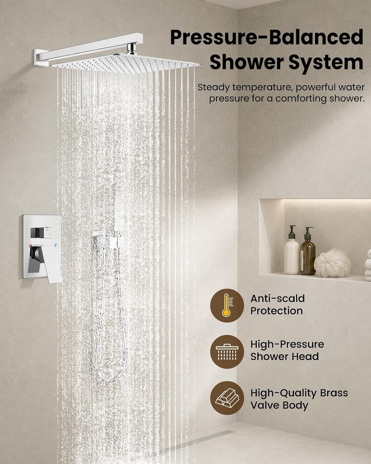 Detalle de gotonovo Shower Faucet Set with 12-Inch Rainfall Head, Handheld Spray, Chrome